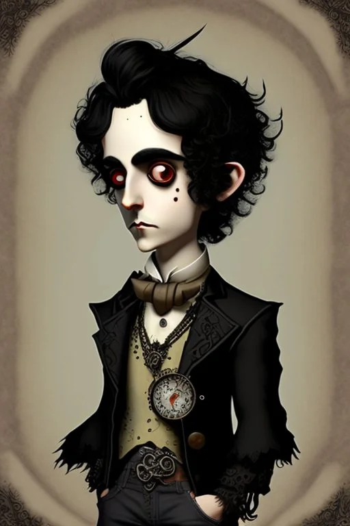 black haired black eyed young man necromancer steampunk Gnome that looks like a young Edgar Allan Poe with gothic jewelry in the style of Charles Addams