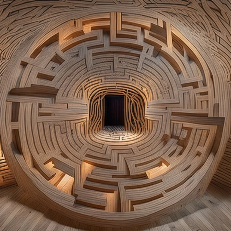 An immersive circular wooden labyrinth with a single entry and exit. Portraits of addiction and healing are visually connected by delicate threads. The labyrinth walls, adorned with engravings representing struggles, guide visitors through the transformative journey. Experience the progression from darkness to light, chaos to harmony, and despair to hope in this introspective installation. ariel view