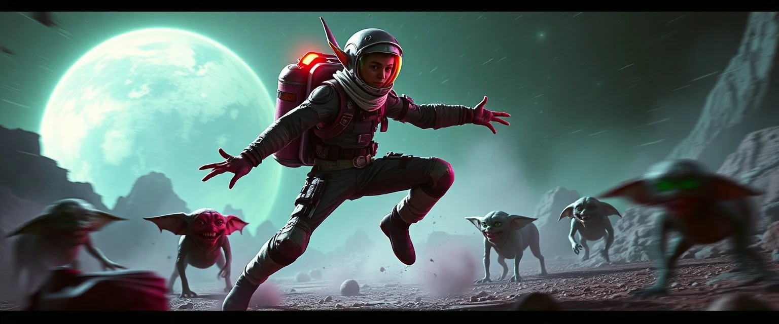 A space elf cowboy biker astronaut with rocket backpack named Dave started doing the splits, Blew a fuse in his hips and short-circuited his bits, The Martian fluffy gremlins went wild, the Plutonians dogs screamed, Even black-and-white aliens turned ultraviolet green! in the style of fallout 4 and HR Giger, background motion blur , and volume fog spot lights