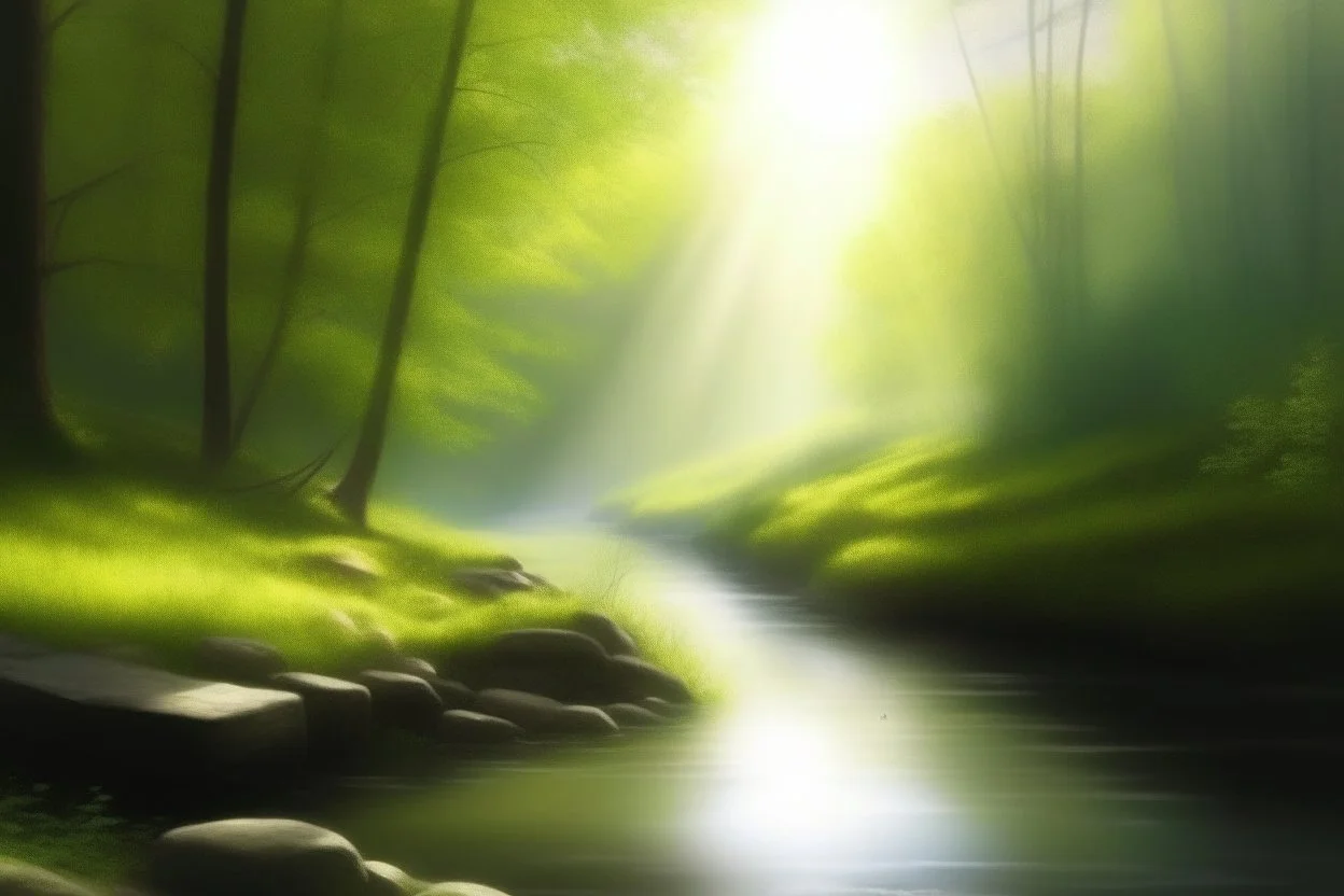 Create a hyper-realistic oil painting of a forest river scene with sunlight streaming through the trees