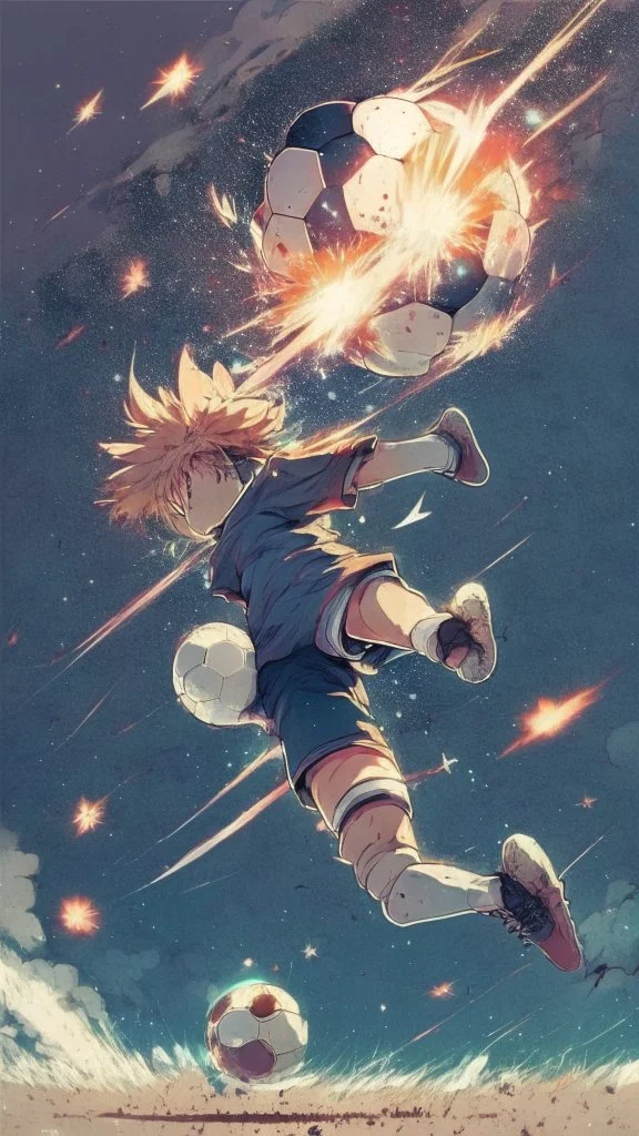 anime soccer player kicking the ball covered in meteors