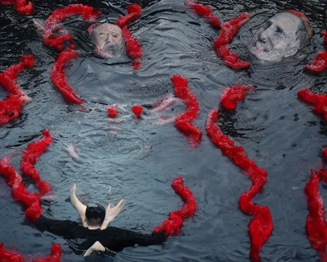 president Putin as old evil devil swim in river of blood in hell