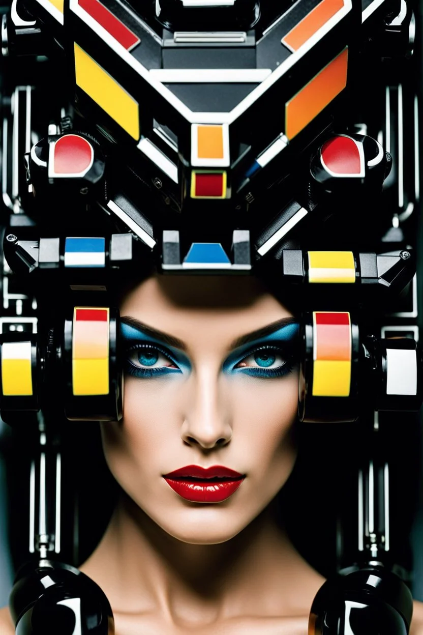 female humanoid robot, beautiful like a supermodel from the sixties, beautiful eyes, sexy, most beautiful, helmut newton, evil woman, hypnotic eyes, polaroid colors, electric sexuality