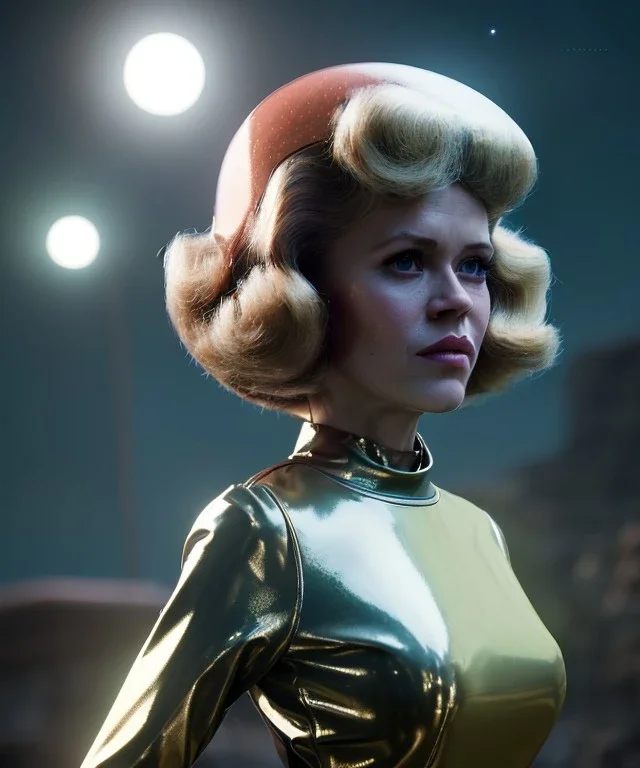 Ultra Realistic retro sci-fi image from 1960, many people looking to sweet young woman Jane Fonda, dress with tight latex coat and retro glass helmet, Retro sci-fi style, soft color, highly detailed, unreal engine 5, ray tracing, RTX, lumen lighting, ultra detail, volumetric lighting, 3d, finely drawn, high definition, high resolution.