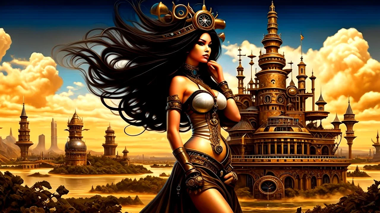 exotic sci-fi steampunk pin-up girl, with long dark hair, on an alien planet with cloud trees, tall spires, buildings, arches and bridges