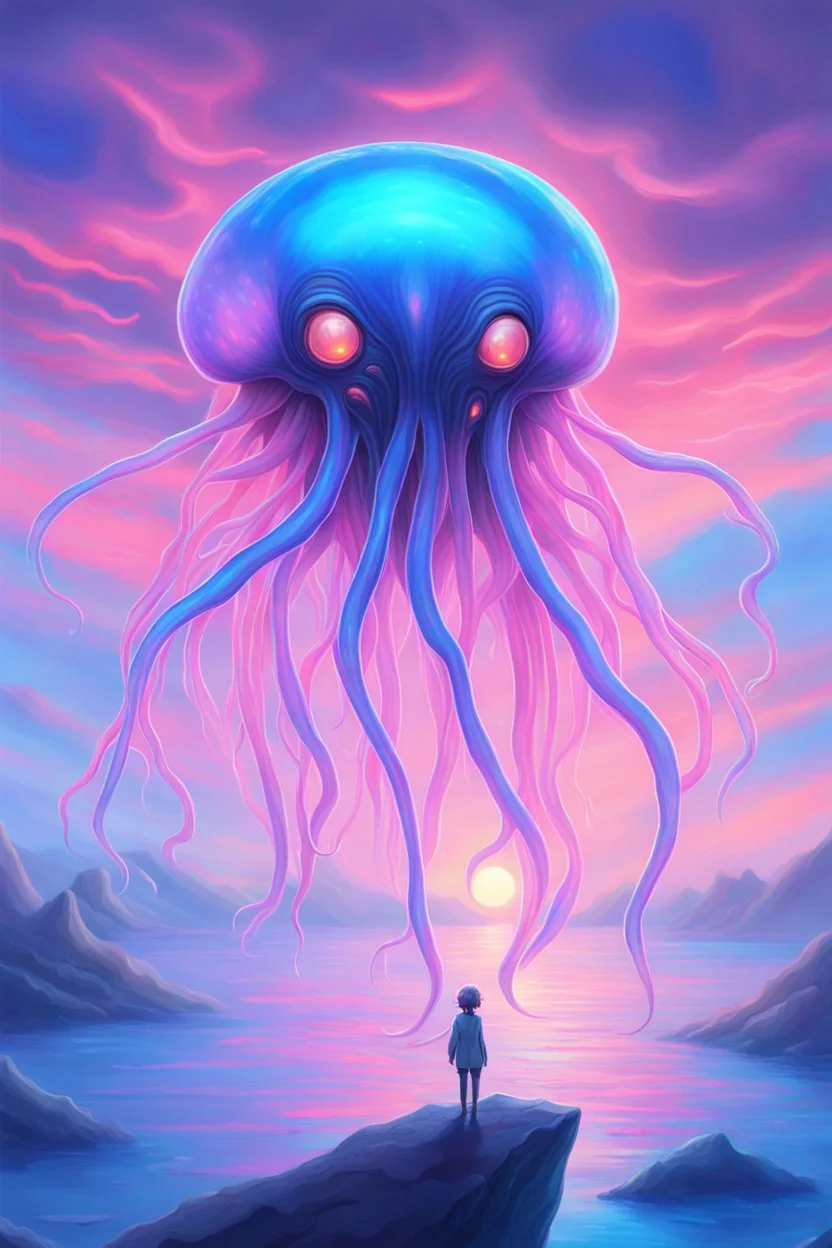 DALL-E 3 P: P: A stunning oil painting in anime style depicting a scary yet colorful creature with translucent, luminous qualities like a jellyfish. The creature has many detailed, iridescent eyes, multiple arms, and large ears. This creature is set against the backdrop of an incredible alien paradise planet at sunset, with vibrant colors and exaggerated perspective. The masterpiece showcases mother of pearl iridescence and holographic whites, creating a terrifying and horror-like atmosphere. Th