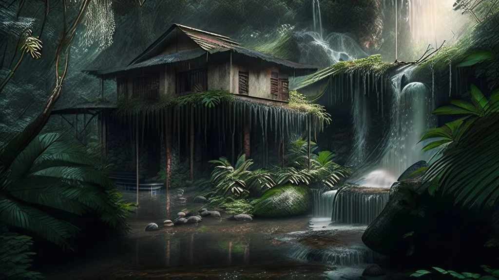 primitiv house by a big water falls in a karstic rain forest