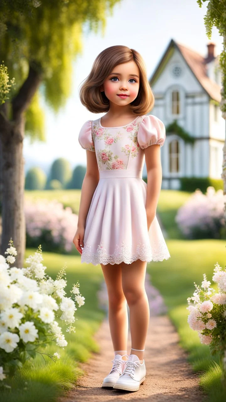 a 5 percent carton like child girl with realistic face and bob hair and makeup in pretty top and short tight and nice shoes,looking like a beautifull lady standing in country side next to country house with flowers,trees.