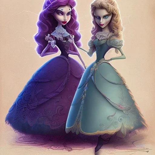 extrem tim burton style and disney style of the evil stepsisters, sharp focus, beautiful eyes