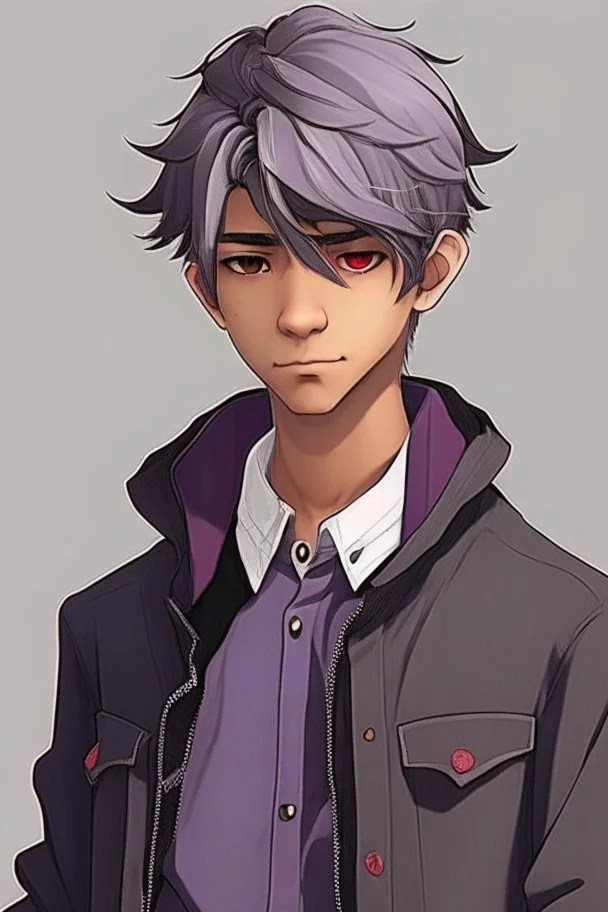 Light brown skin, red eyes, straight short purple-grey hair, black clothes, round face, teenager