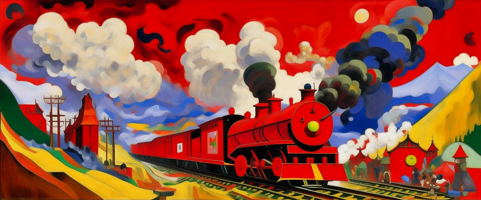 A red railway covered in smoke painted by Wassily Kandinsky