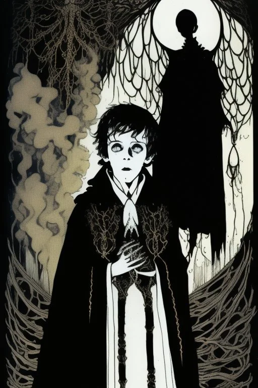 7 year old boy, necromancer, friendly, looks dead, surrounded by weird smoke with eyes, wearing black robes, in the style of Harry Clarke