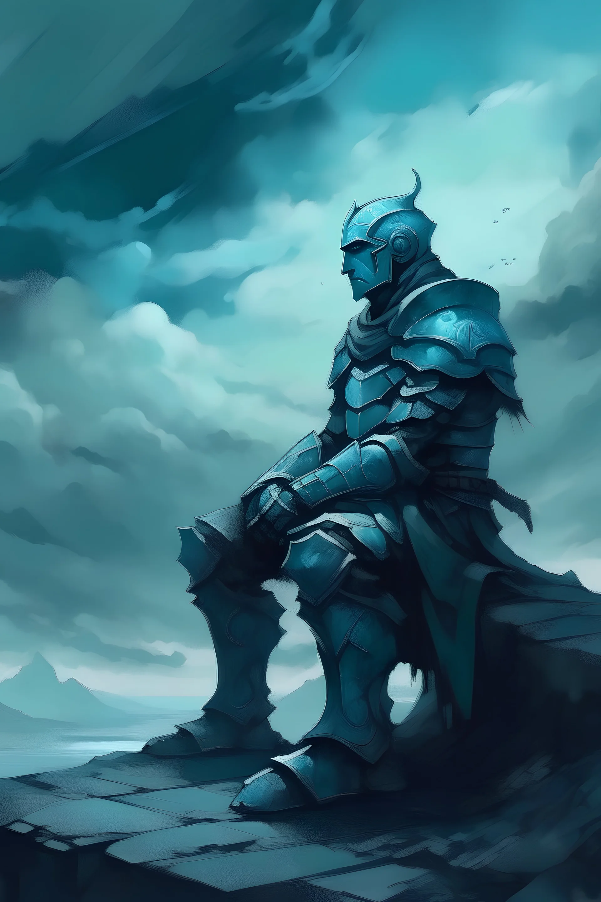 a painting of a knight sitting outdoors, in the style of dark sky-blue and light cyan, ethereal, dreamlike quality, ps1 graphics, lith printing, atmospheric clouds, frostpunk, comic art —ar 9:16 —style raw —stylize 750 —v 6