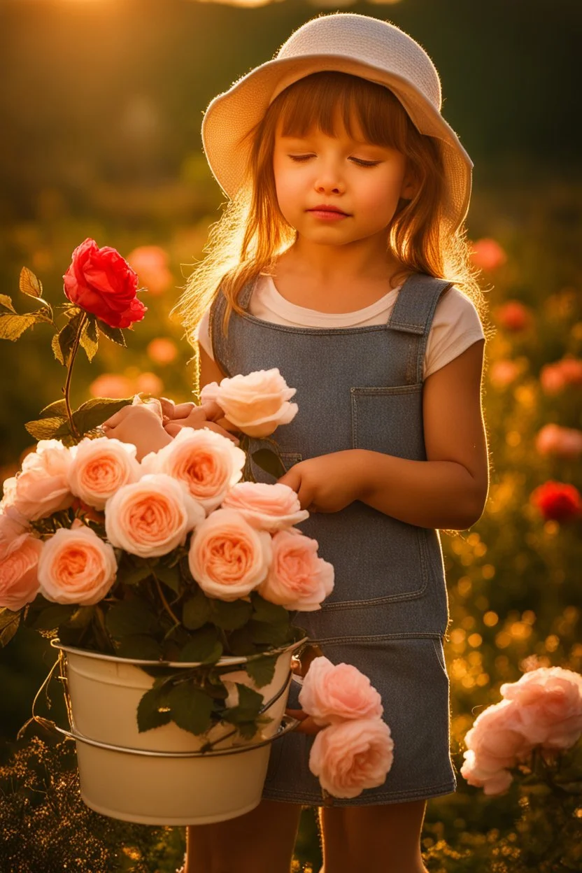 A little girl from Russia at the age of 7 years holds a lot of roses and puts them on her face, and she wears a white Bucket Hat, she puts the roses in front of her face, so her face does not appear, so her face does not appear,(Many Flowers: 1.2), Soft Light, Golden Hour, Upper Body, HDR, 8k, Natural Skin Texture, AO, Intricate, Highly Detailed, Sharp Focus, Crazy Detail, Intricate Detail, Highly Detailed ,The girl looked down