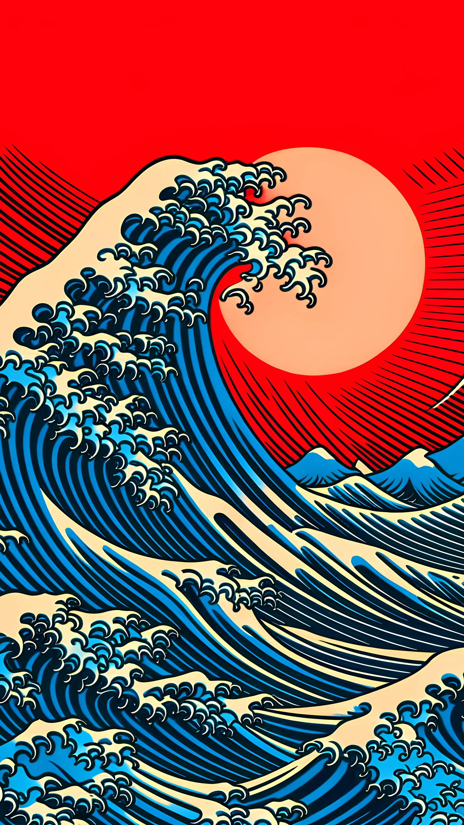 wave blue Kanagawa red sun backgroung