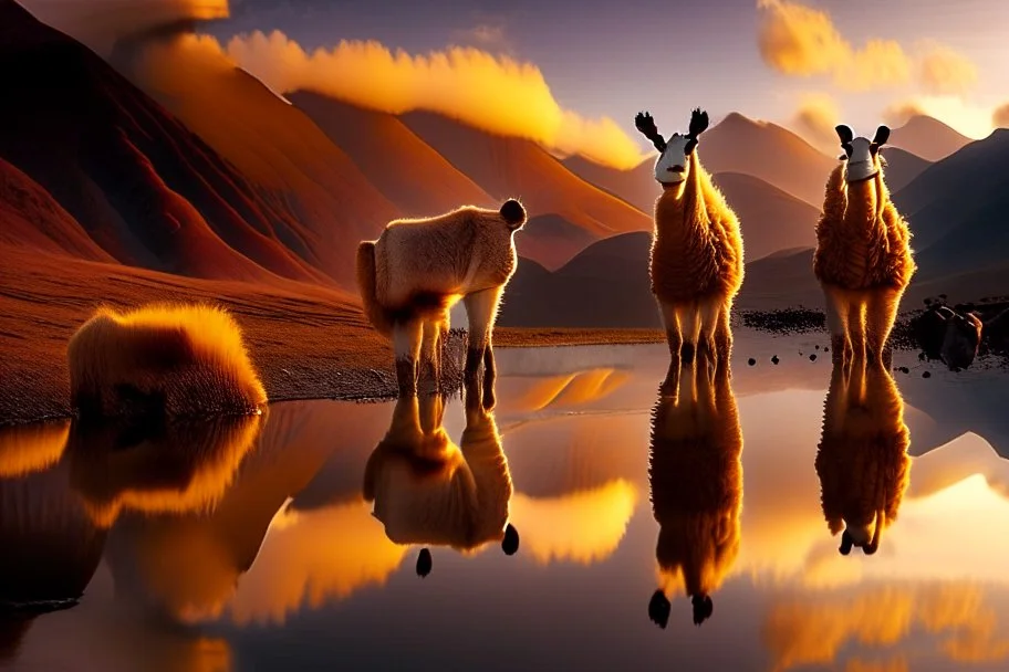 alpacas, peru, mountains, reflection, mist, sunrise