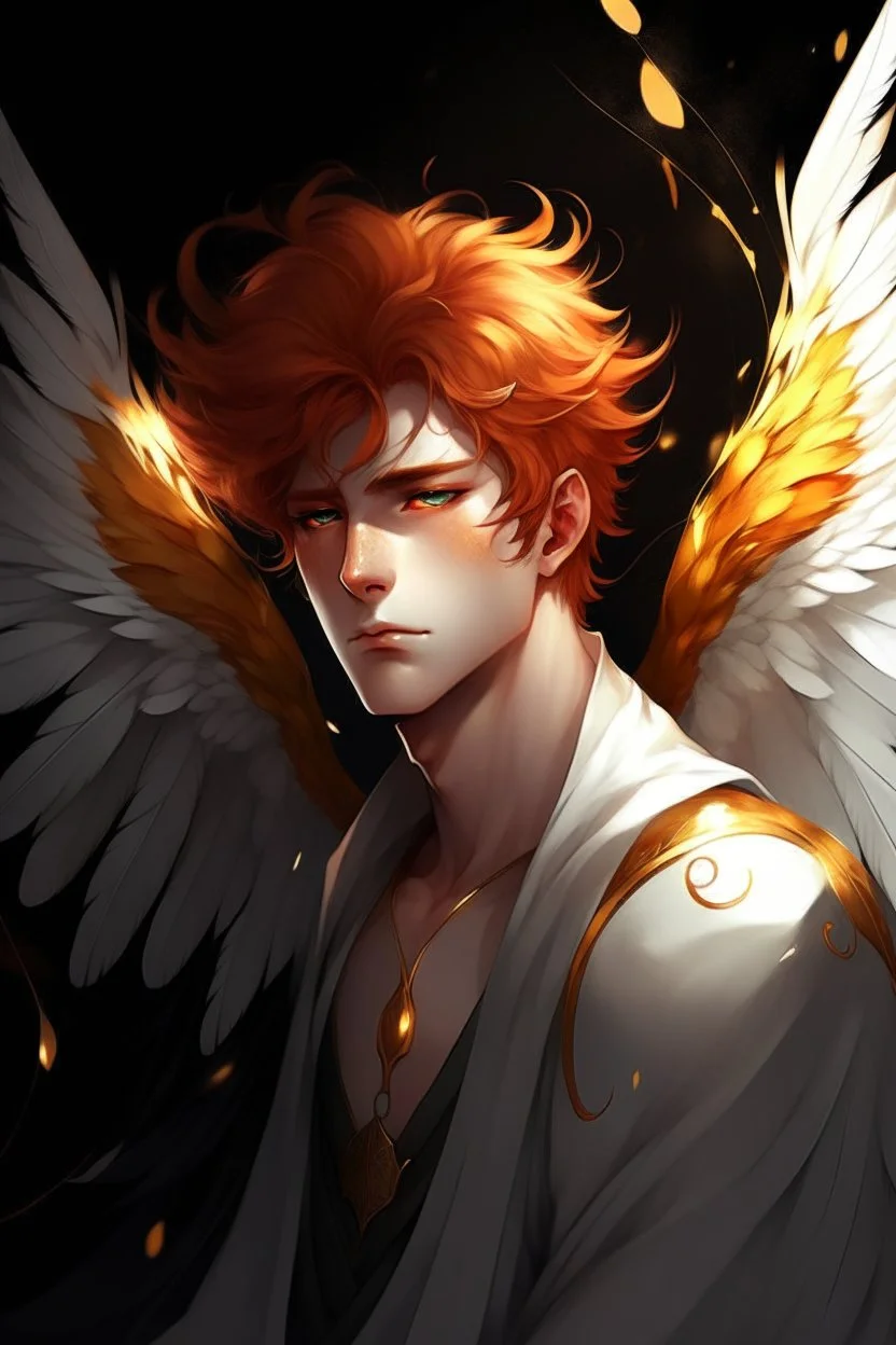 A male angel with messy red hair, gold eyes, and large white feathered wings that appear charred.