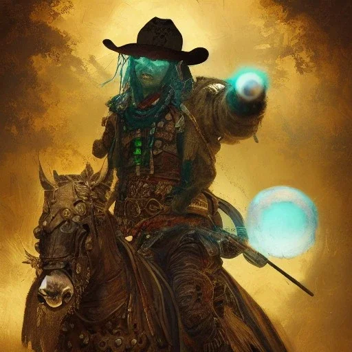 Insanely detailed photograph of an “ a midevil cowboy warrior "with worn Sombrero, handsome charo,cigar,glowing bluish green orb in outstretched hand, hyperdetailed painting by Ismail Inceoglu Huang Guangjian and Dan Witz CGSociety ZBrush Central fantasy art album cover art,8K, hdr, mysterious, flickeringlights ,Stoic