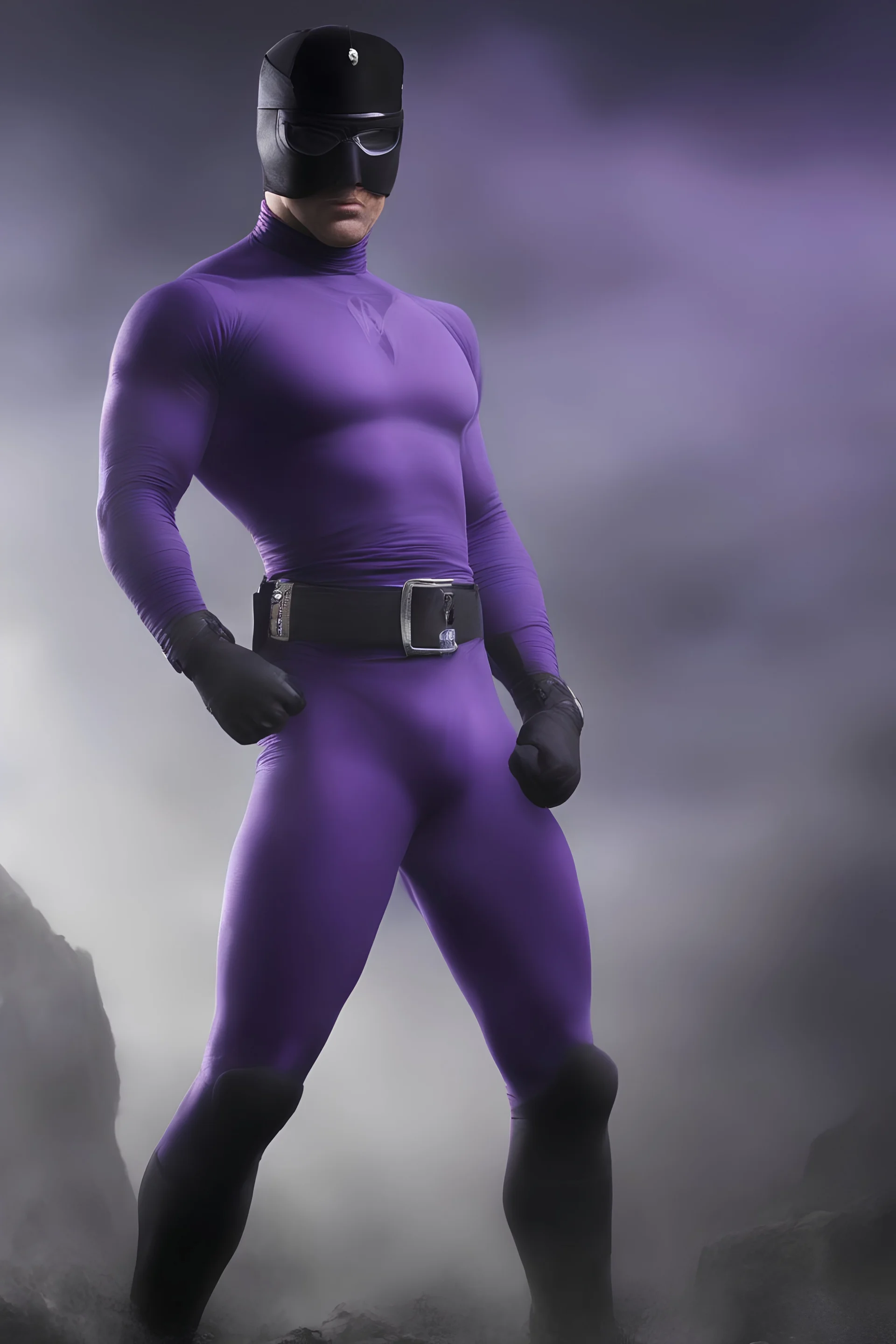 Kent Walker aka THE PHANTOM, Strong, athletic physique, action poses, wearing a skin-tight, formfitting purple bodysuit with a skin-tight, formfitting purple cowl, black eye disguise, black utility belt and double holstered pistol belt, black knee-high boots, glowing white eyes, battle scars, blood, ((foggy, cloudy background, multicolored lightning, flowing lava, Full Eclipse, aliens, explosions, bright, vibrant, extremely colorful, detailed, blood red skies))