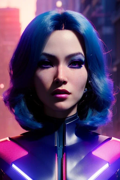 Futuristic cyborg, portrait from waist up, vibrant hair color, intricate eyeliner, vibrant eyeshadow, clear completion, soft lighting, 4k resolution, intricate details, insanely detailed, colorful cityscape background, masterpiece, expert, cinematic smooth, retroanime style, realistic details, no helmet
