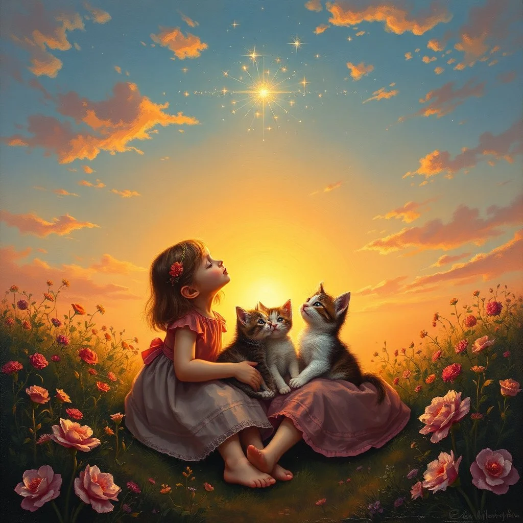 A magical moment in a painterly sunset garden. The two girls sit close together with the three kittens cuddled between them, looking up toward the glowing evening sky. Above them, soft light trails, sparkles, or a glowing star emerge — a touch of fantasy as if nature itself whispers to them. The warm colors wrap around them: coral, gold, rose, and soft blue. The composition feels like the closing page of a gentle fairy tale. Painted with rich oil textures, craquelure, and poetic atmosphere. --v