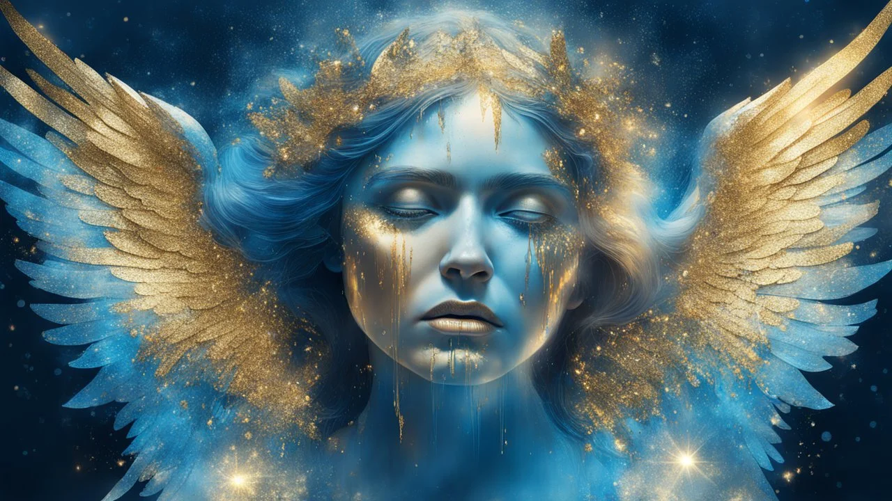 beautiful crying woman angel, double exposure in fantasy style, blue, gold, sparkles, fine rendering, bright colors, photorealism, 3D, with acrylic elements