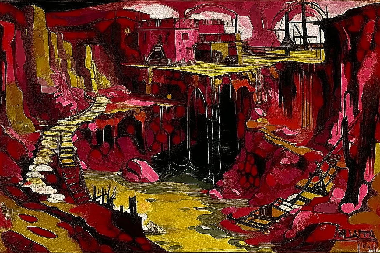 A dark reddish magenta molten mine with iron painted by Wassily Kandinsky