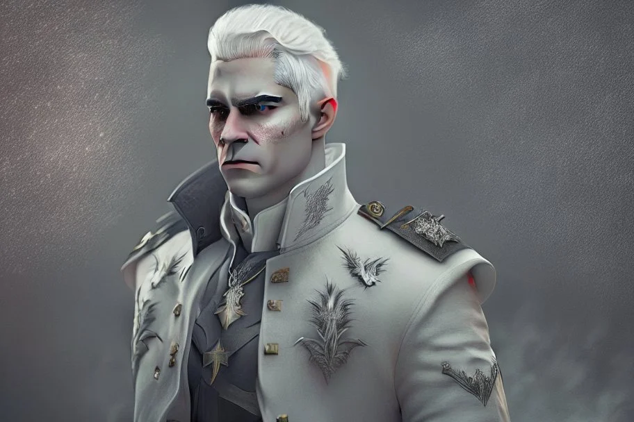 A white masculine human with medium white hair. A Lot of Battle Scars. Full body. Black Military Outfit. HD