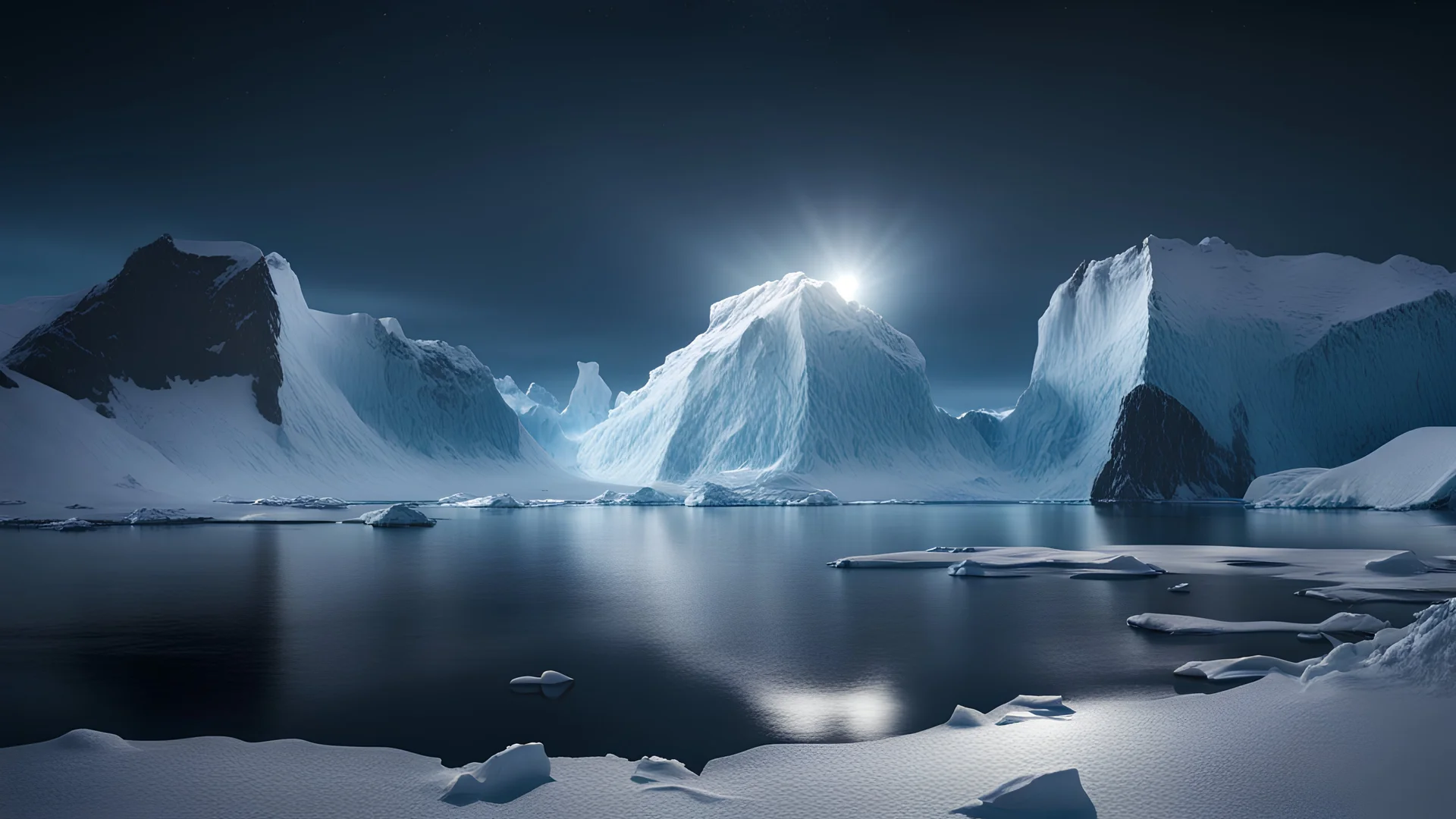 antarctica at night,glaciers,lakeside,8k, volumetric lighting, Dramatic scene,