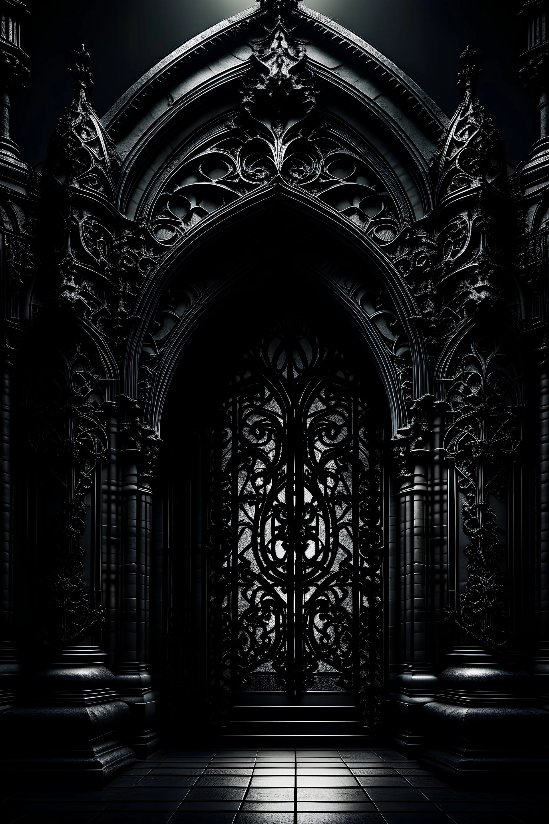 Create a gothic-inspired AI design logo with intricate details. Picture a dark, ornate gothic archway shrouded in shadows. Incorporate elements like intricate wrought iron patterns, dramatic lighting, and subtle hints of mystery to evoke the essence of the gothic style.