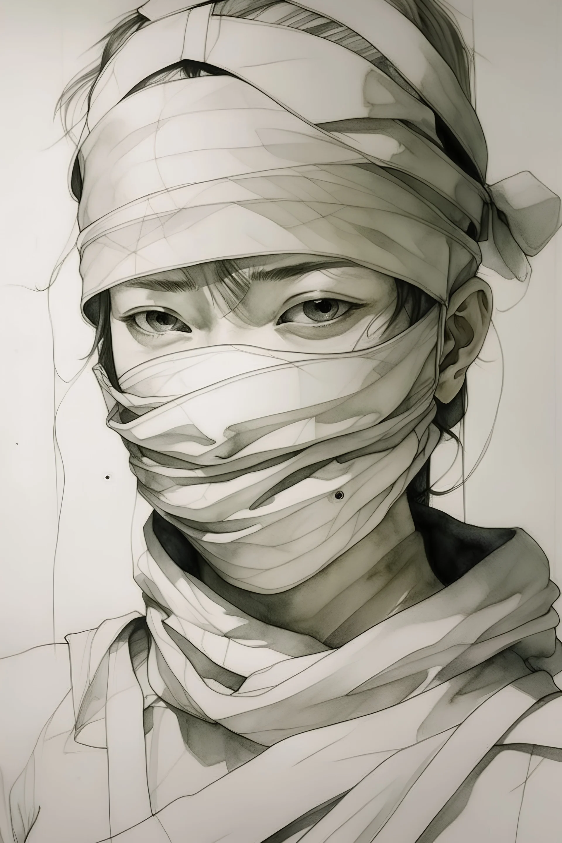 Yoji Shinkawa drawing of hospital patient with bandages all over their face