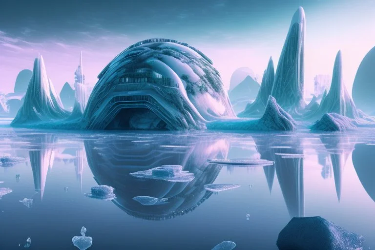 ice, lagoon, seashore, distant futuristic city, epic, sci-fi