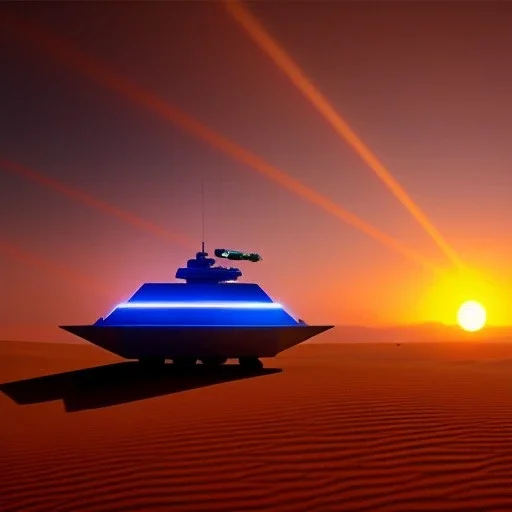 volumetric Wide desert view painted by chris foss of Military hovering tank with Turret, floating, hover, and laser from the future, 4k, 8k, [hovercraft] Minutiae, highly detailed, render, rivets, hovering, stripes, sunset duststorm, nimbus clouds