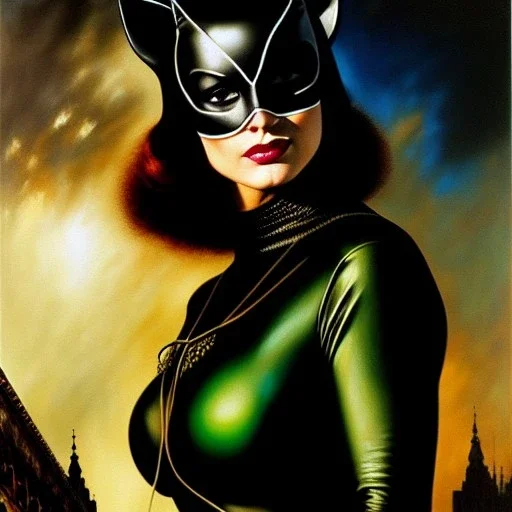 portrait oil on canvas, beautiful busty Catwoman,green eyes, ,minimal armor,comic book cover, mystical colors,insanely detailed,realistic,intrincate detail, 16k resolution, masterpiece,Frank Frazetta,Alex Horley, Simon Bisley