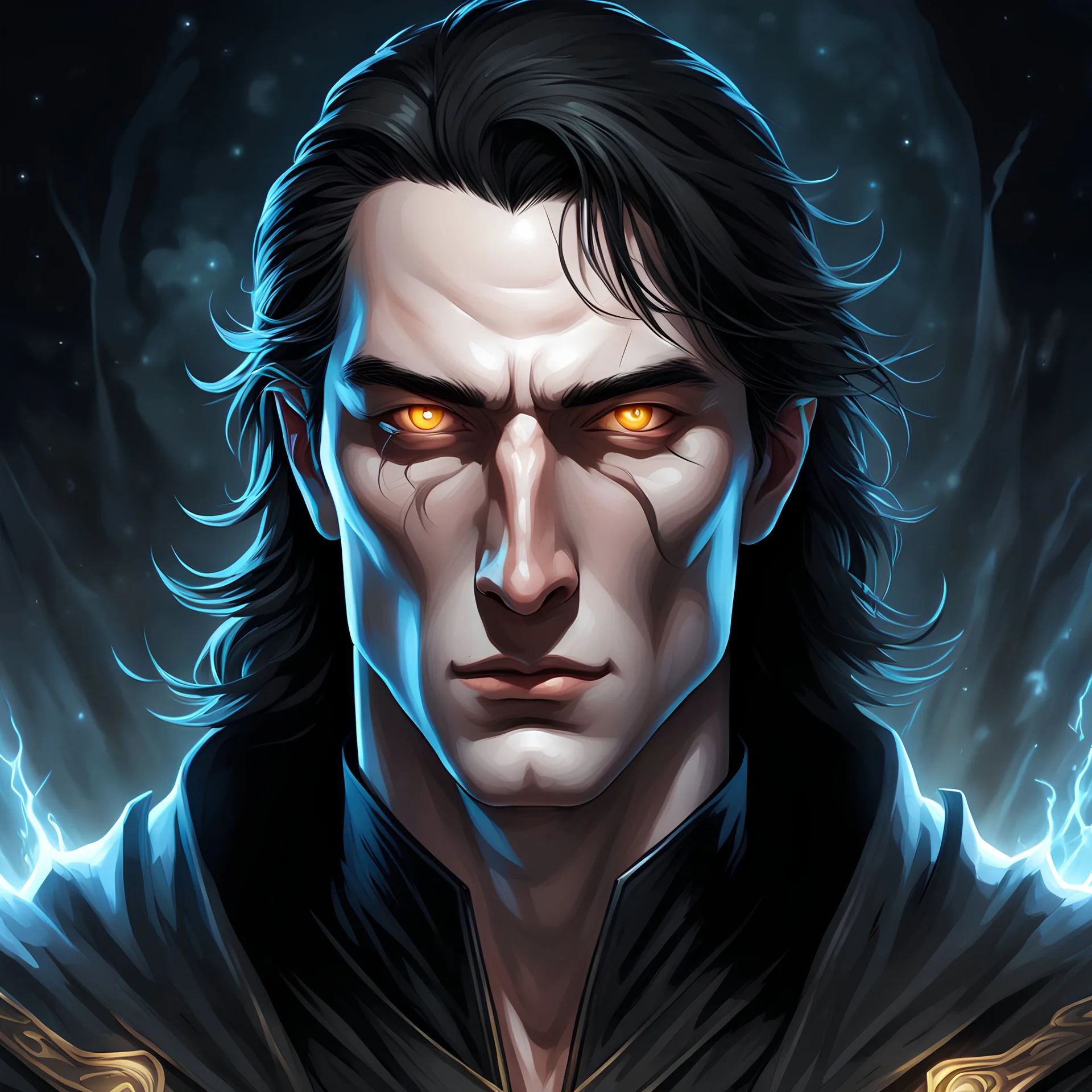 Generate a dungeons and dragons character portrait of the face of a male fallen aasimar. He is a Celestial warlock with a black robe. Pale skinned and pale eyes. Long sleek black hair with white streaks in the hair.