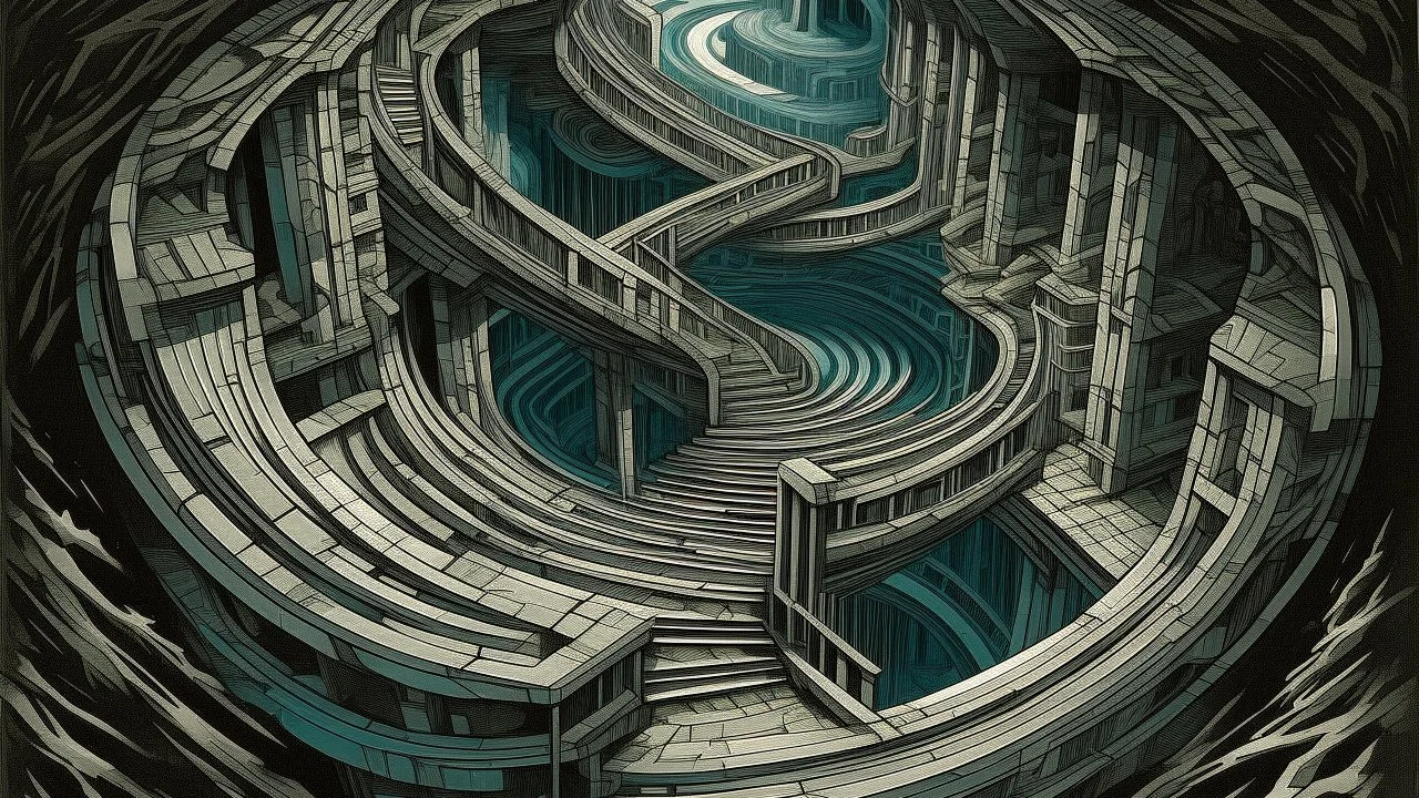 An Escher-esque, impossibly complex architectural descent into a swirling, cavernous void. The scene is dominated by spiraling staircases made of rough-hewn, ancient stone, interspersed with countless circular openings that lead to unseen depths. The color palette is a desaturated, earthy brown for the stone, contrasted with a deep, eerie teal and shadow within the central void. Tiny, silhouetted figures can be seen navigating the treacherous pathways, emphasizing the vast scale of the structure