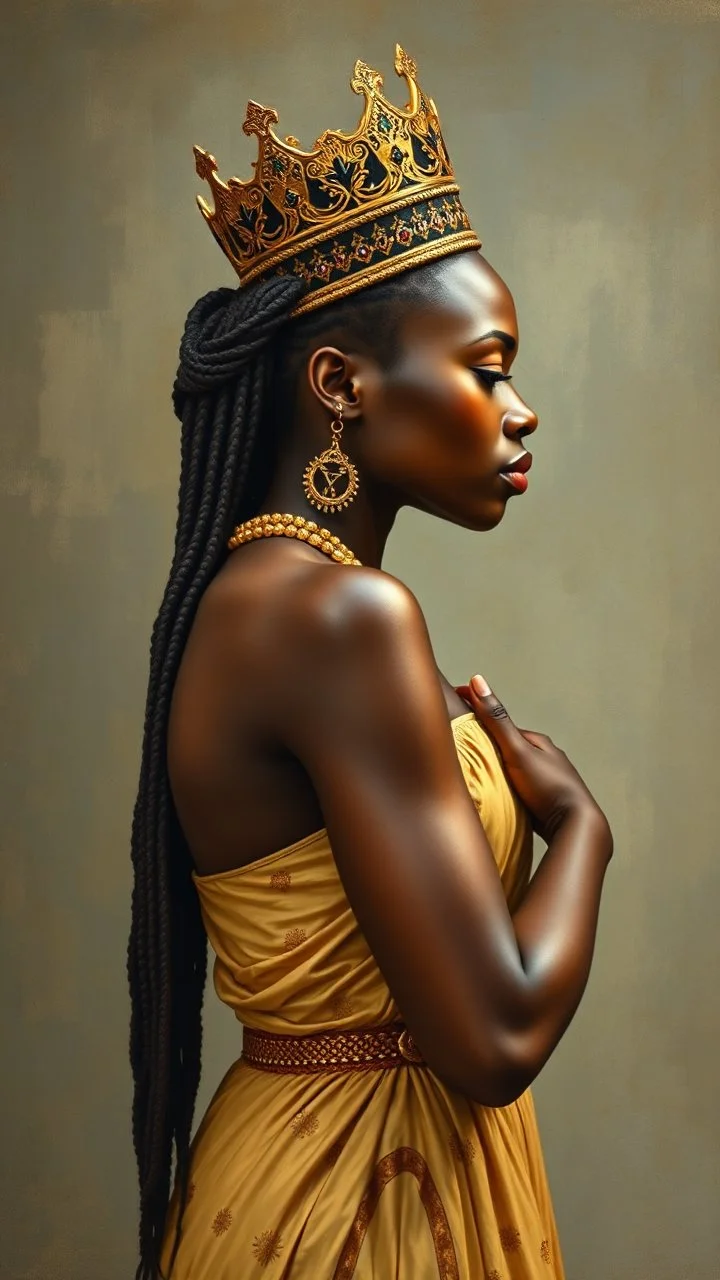 Side profile of an African King with her aspirations behind her. Holding her man hugging with love and romance,Opulent Van Gohn style painting