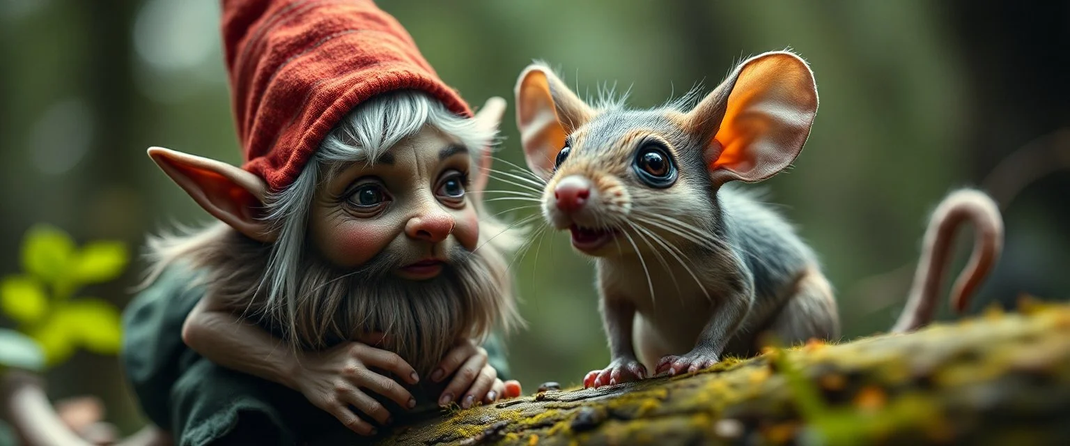 close up on pixie elf gnome and a goblin intense huge funny mouse, with background motion blur, in magical forest scene, in the style of Rembrandt