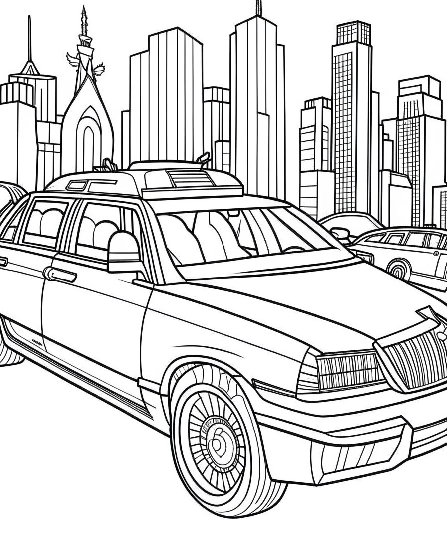 New York City taxi coloring page, full body (((((white background))))), only use an outline., real style, line art, white color, clean line art, white background, Sketch style.