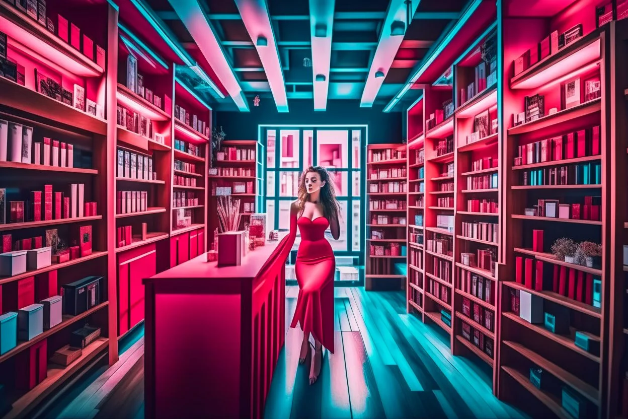 surreal image full-height shot of a young woman in tight red clothing, inside a large modern magic shop, sitting at a desk, wooden shelving, bottles, windows