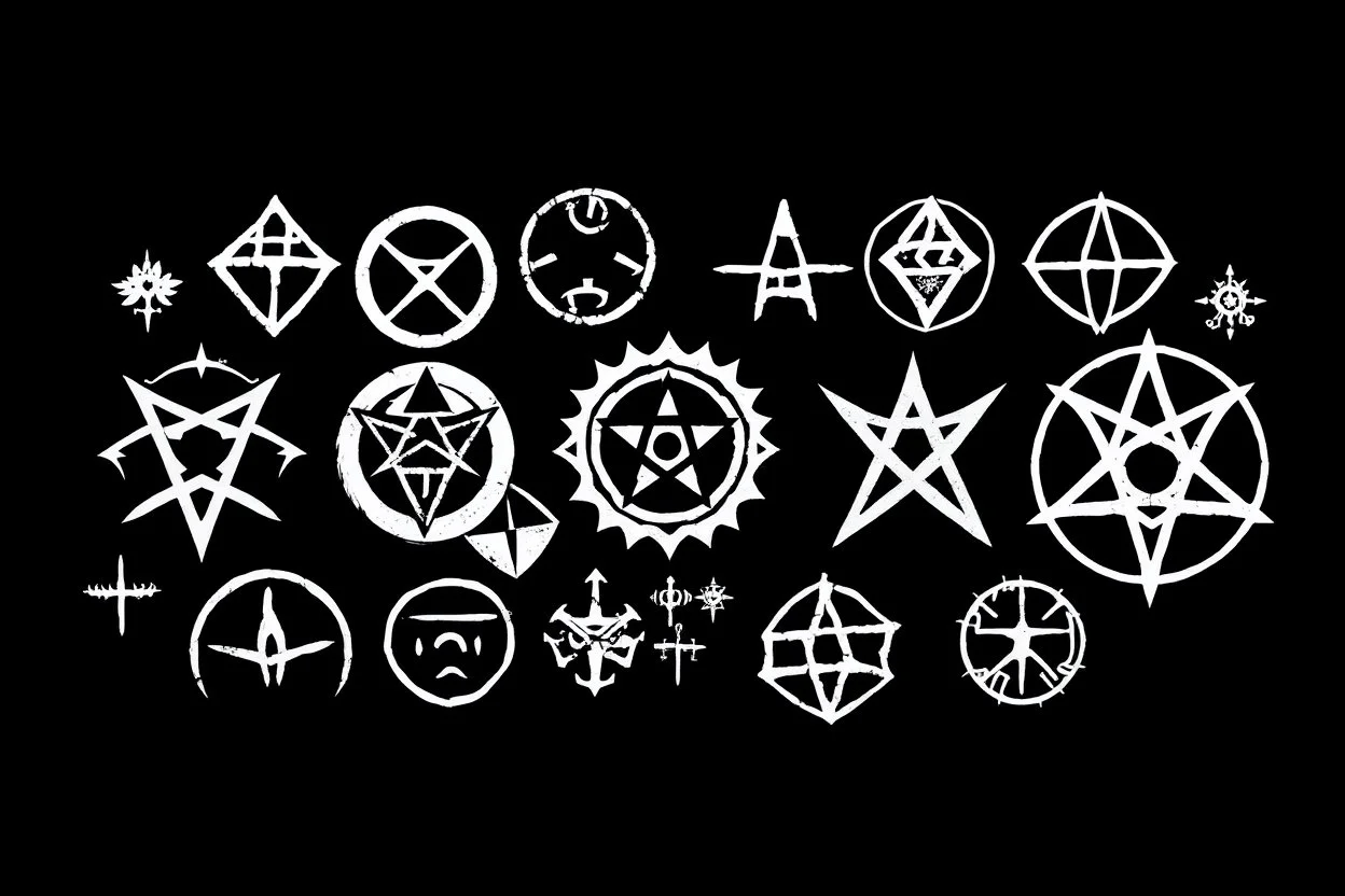 multiple different cryptic symbols. white on black background