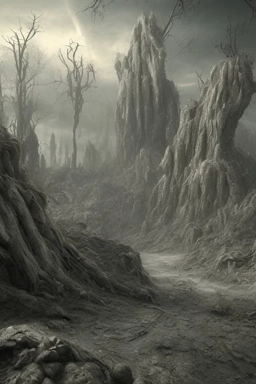 A spooky wasteland 8k, bas-relief, 3d, extraterrestrial, ethereal, eerie, with jagged rocks, swamp