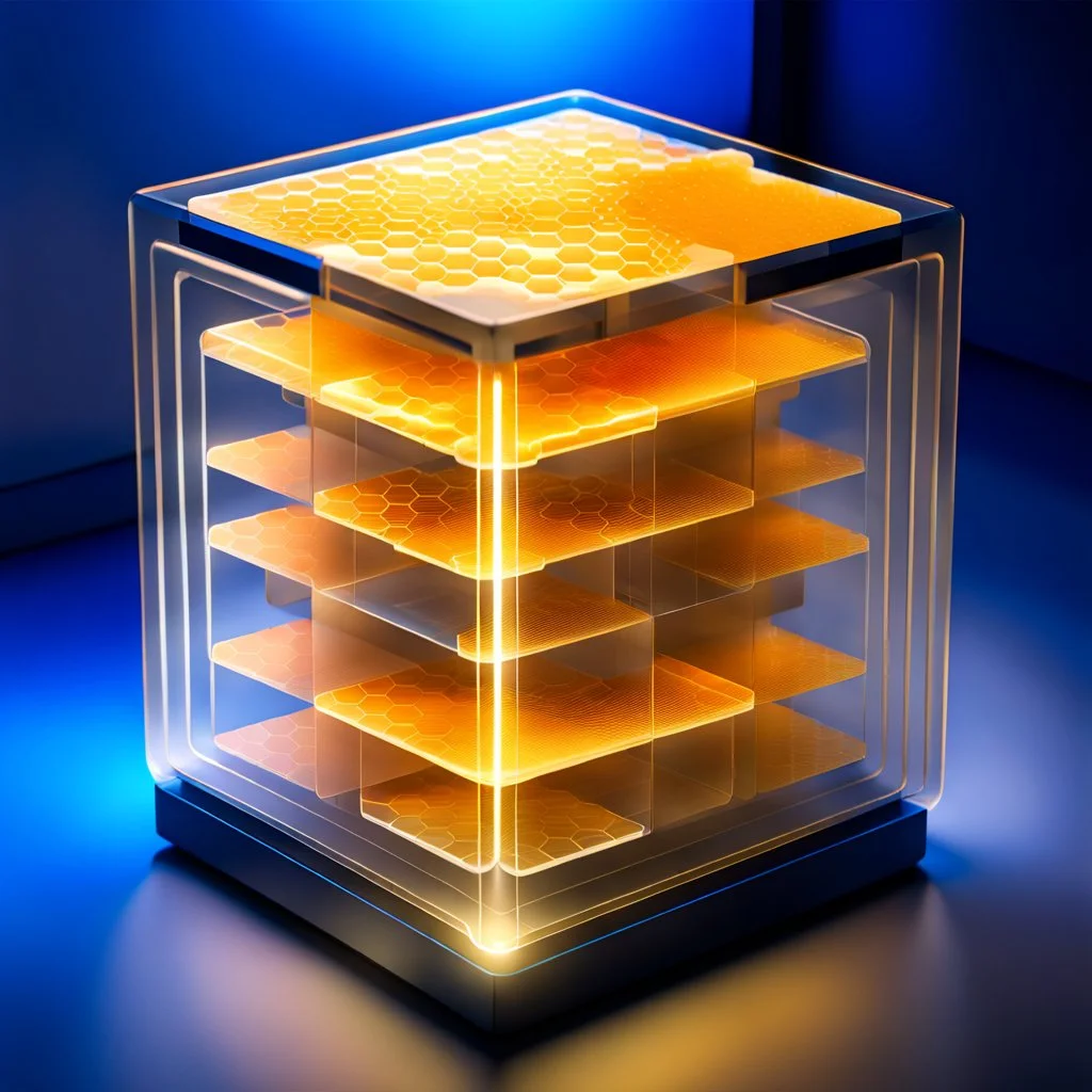 a futuristic translucent neurocube, inside the cube there are partitions made of honeycomb plates