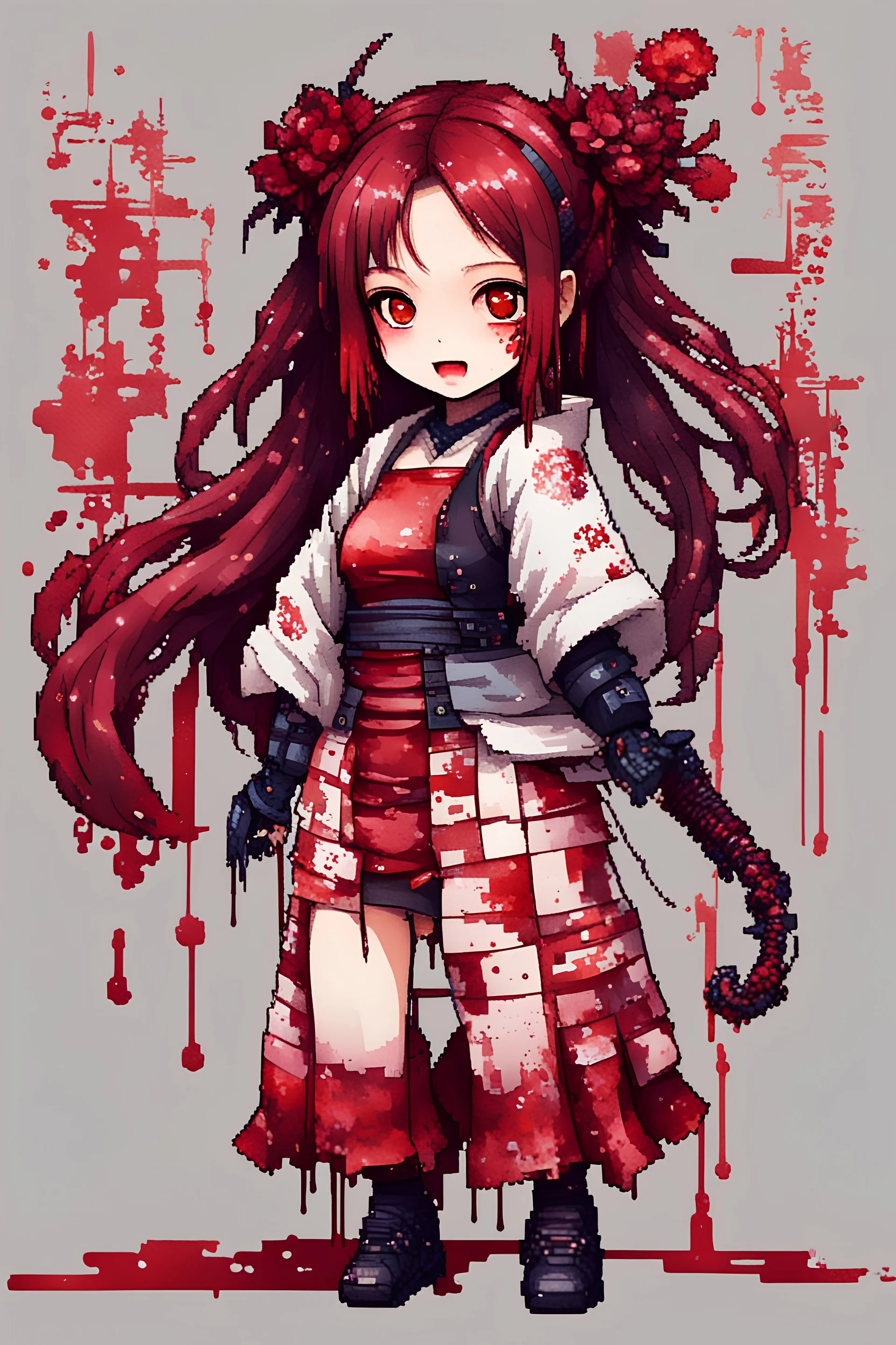 anormal, smile, blood, girl cute, full body, beautiful cyberpunk petit girl, hyperdetailed, behind made 8bits and Pixel Art, watercolor illustration by <Katsushika Hokusai>, darkred tones,