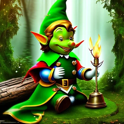 romantic fantasy spray painting, portrait of cute smiling green eyed robed elf pinnochio with cute ornament,sitting on a branch, loosing torch in magical forest by waterfall