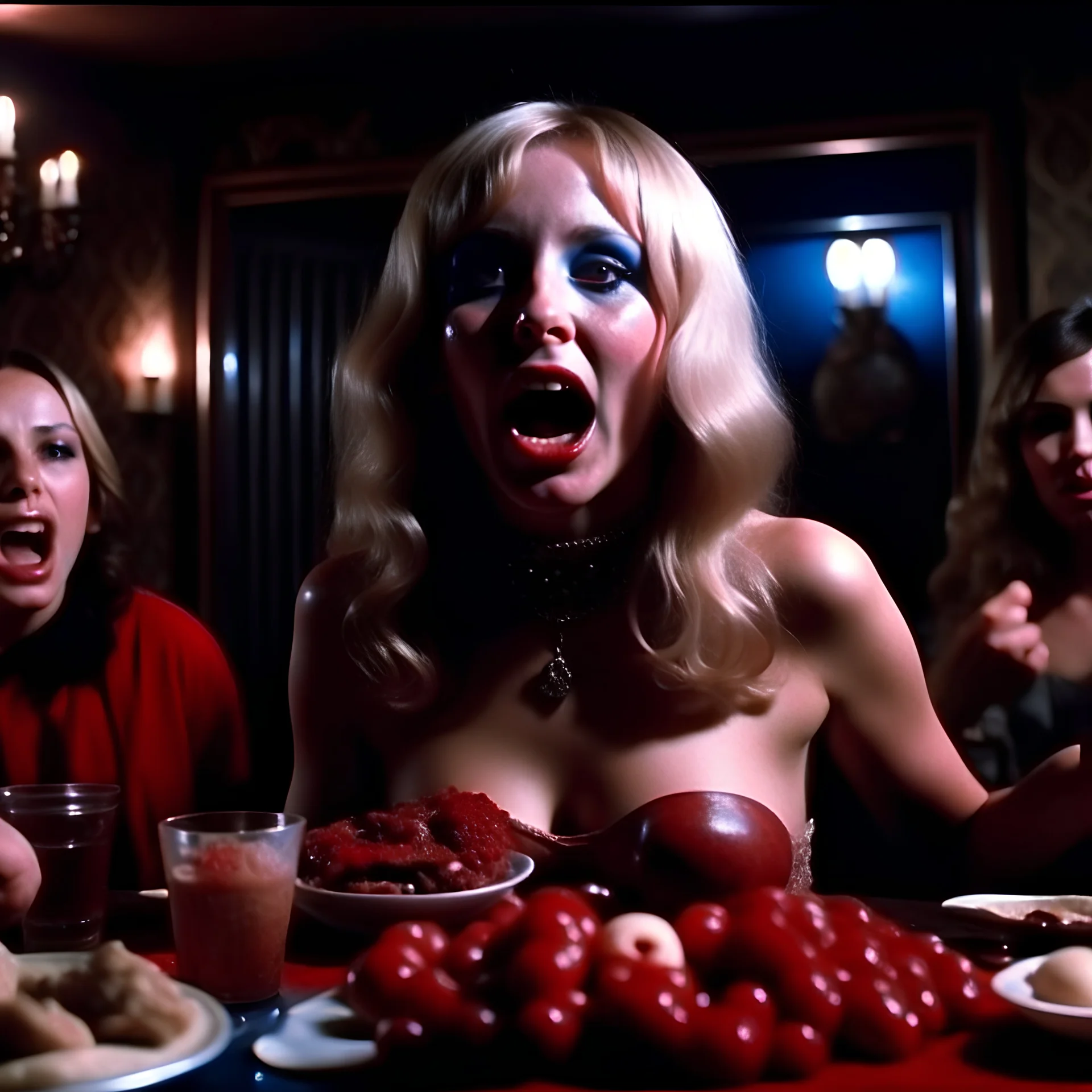 Horror movie shot, spooky, ultra realistic, dine, devil, spooky beast, ultra realistic hot blonde women, party, pieces of meat, organs, ail dynamic, anguish, very excited people, hypermaximalist, 1970's Italian horror movie, sinister, John Carpenter, Dario Argento, Stanley Kubrik, ornate, 4k, photorealism