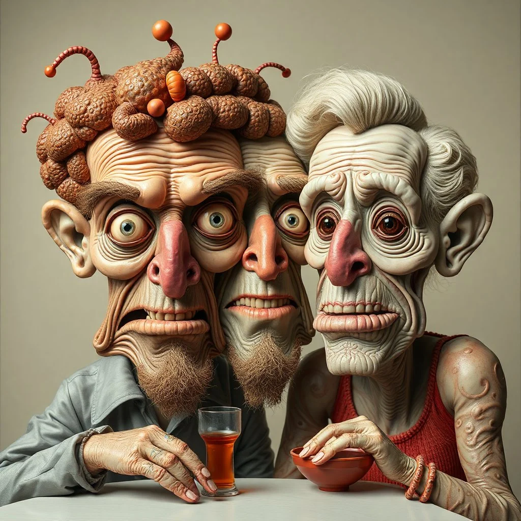 The oddest coagulation and mixture of friends, glossy finish, dine, details very accentuated, stunning style, oniric, Max Ernst, hyperphotography, kiuy, blatant, gross, caricature, very funny