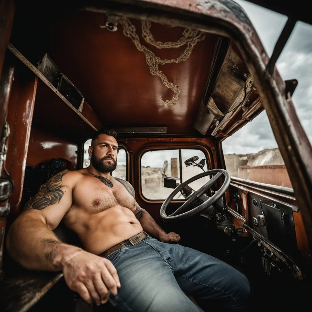 photography of a burly truck beefy driver at rest in truck, inside cab, shirtless, sweaty, massive with tattoos and short beard, Romanian, muscular, male chest, frontal view, seen from below