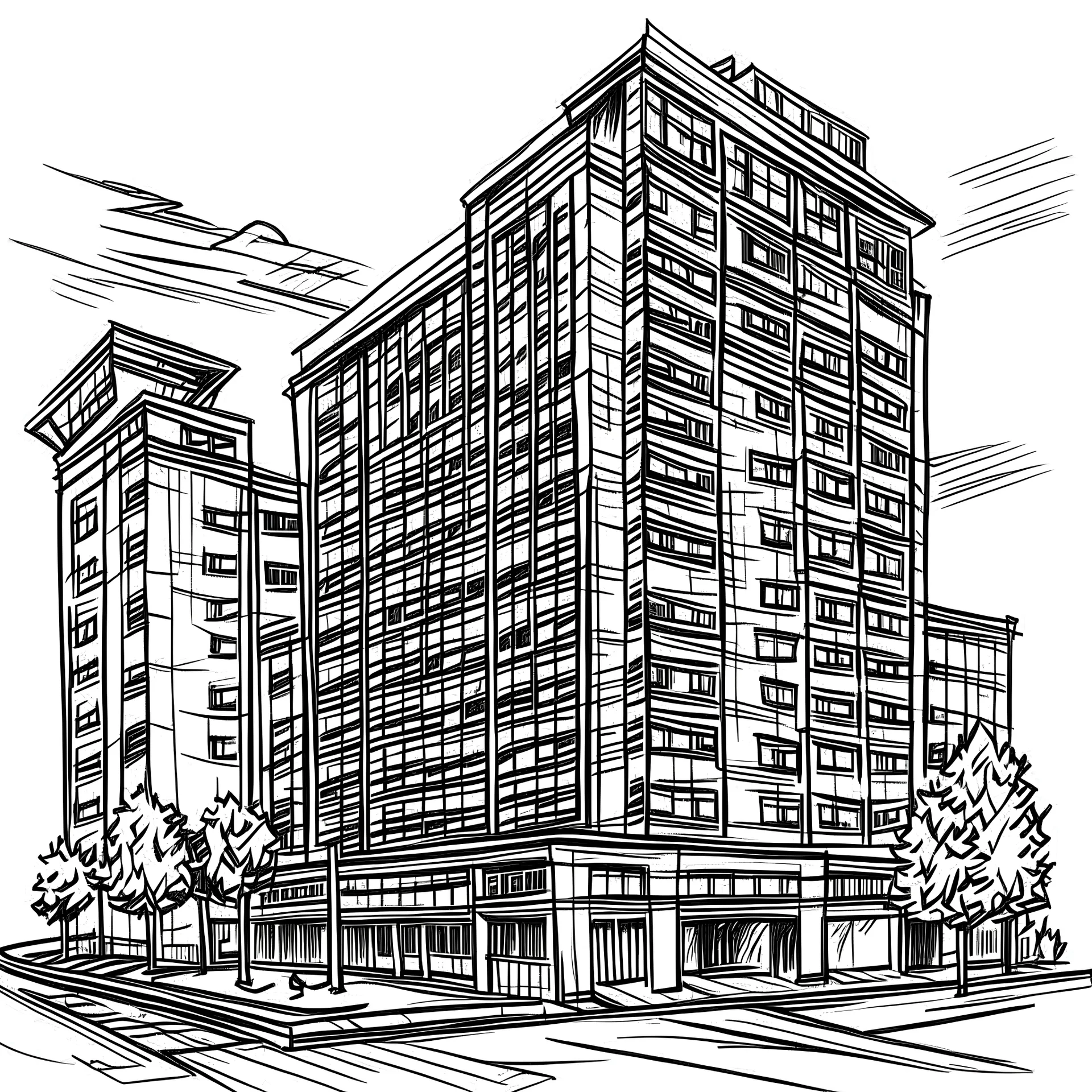 City building, line art, hand drawing style, only outline.