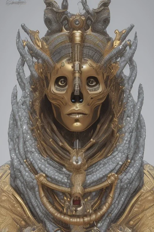 shiny black male African Egyptian alien, cracks in the voodoo head, wicked, eyes, crown, Elephant, 8k, finely detailed, photo realistic, tiger turquoise skull head gold dragon space alien snow skeleton gold hornytoad silver crown silver eyes